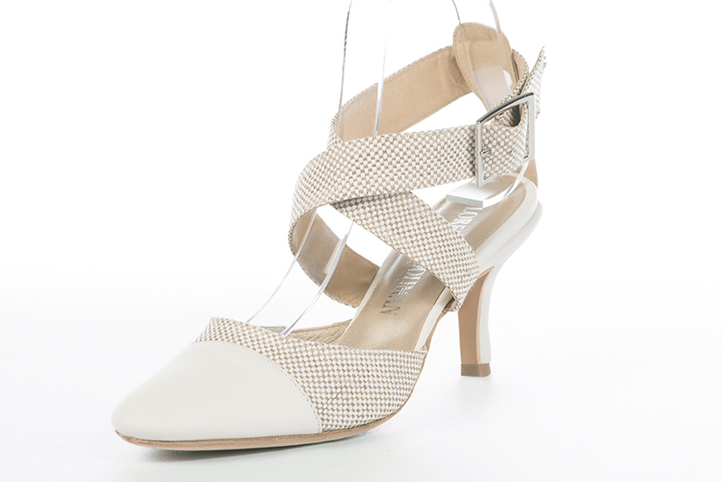 Off white women's open back shoes, with crossed straps. Round toe. High slim heel. Front view - Florence KOOIJMAN